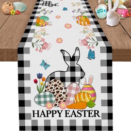 Easter Bunny Eggs Table Runner Buffalo Plaid Linen Tables Runner Butterfly Burlap Dresser Scarf for Kitchen Dining, Holiday Family Dinner (33x183cm)