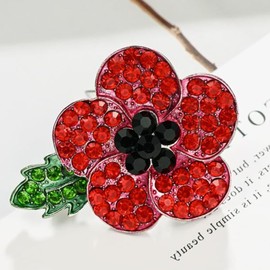 Red Poppy Brooch Pin Enamel Badge Ribbon Flowers Green Leaf Lest We Forget Legion Remembrance Day Peace Metal, Metal