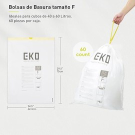 EKO Bolsas de Basura Tamaño F. 40-60 Litros. Rollo 60 unidades. Caja dosificación fácil. Compatible con bote de basura EKO, uso en cocina, doméstico, extrafuertes, con cordón