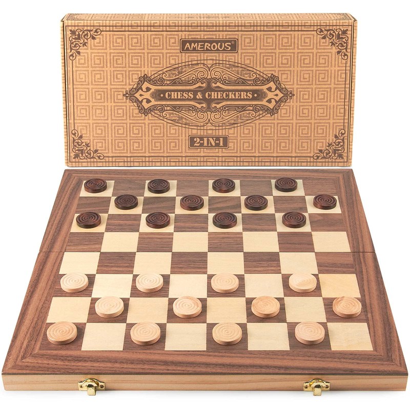 AMEROUS 15'' Wooden Chess & Checkers Set, 2 in 1