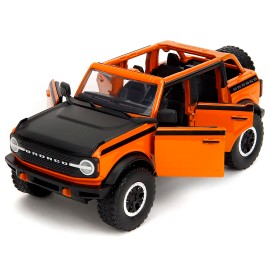 2021 Ford Bronco DCD Open-Top Orange with Black Stripes Hood Extra Wheels 1/24 Scale Diecast Model Car From "Just Trucks" Series