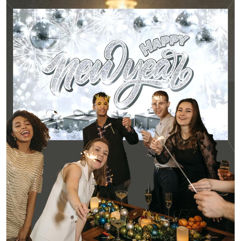 Happy New Year Banner 71 x 43 Inch, Silver Glitter