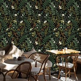 FlockenHome 17.5'' x 118'' Boho Floral Wallpaper Peel and Stick Dark Green Leaf Wall Paper Self Adhesive Contact Paper for Home Countertop Cabinet Décor