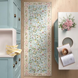 jinchan Hallway Runner 2x6, Multi Floral Soft Machine Washable Rug Non Slip, Low Pile Boho Stain Resistant Botanical Rugs for Bedroom Kitchen Floor Living Room, Blue/Pink
