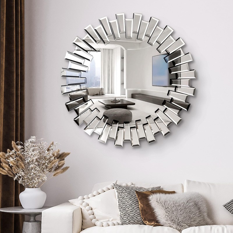 QDSSDECO Round Mirror Sunburst Wall Mirror 24" Beveled Edge Frameless