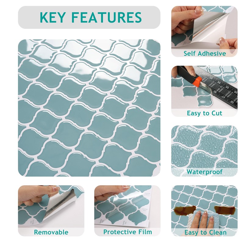 VEELIKE Light Teal Moroccan Peel and Stick Tile Backsplash 6