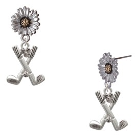 Delight Jewelry Silvertone Golf Clubs with Golf Ball Two-tone Daisy Flower Post Earrings