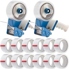 Dunzoom - Paquete de 2 dispensadores de cinta de embalaje con 12 rollos de cinta de embalaje de 2 pulgadas, dispensador de cinta de embalaje de 2.7 mil, cinta de embalaje con dispensador de cinta de