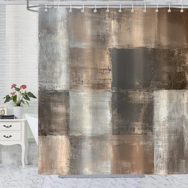 Brown Grey Abstract Shower Curtain, Rustic Farmhouse Acrylic Aesthetic Unique Vintage Bathtub Shower Curtains Decor for Bathroom Set, Washable Cloth Waterproof Fabric with 12 Hooks, 60x72 Inch