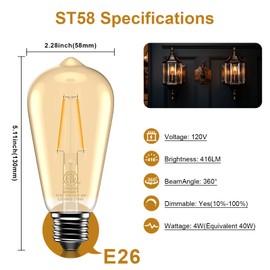 ASOKO ST58 Antique LED Filament Light Bulbs, LED Dimmable Edison Light Bulbs 4W, 2700K Warm White (Amber Glass) E26 Base Pack of 12