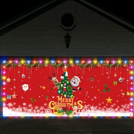 7 x 16 ft Christmas Tree Garage Door Banner Large Christmas Backdrop Decoration with LED String Lights Christmas Door Decorations Holiday Vinyl Cover Garage Banner for Outdoor Christmas Garage Door