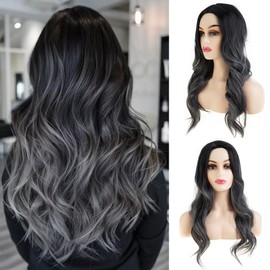 Baruisi Long Wavy Black Grey Wig Synthetic Natural Middle Part Cosplay Costume Hair Wigs for Women