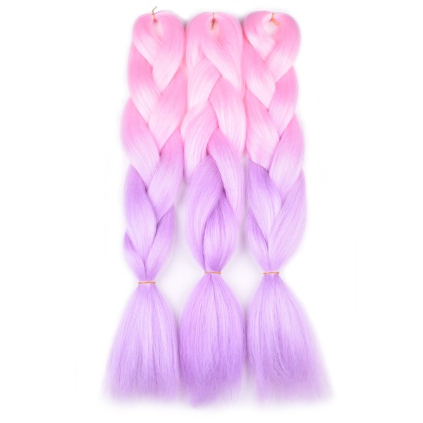 BACANA Ombre Braiding Hair Kanekalon Light Pink/Light Purple 3 Packs Jumbo Braid Hair Extension Ombre Colors High Temperature Synthetic Fiber Soft Healthy