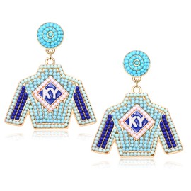 Beaded Derby Riding Suit Dangle Earrings Kentucky Race Day Horse Racing Fan Jewelry and Accessories (Blue)