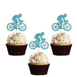 MonMon & Craft Bicycle Cupcake Toppers / Bike Rider / Boys Birthday / Sport Theme Men Birthday Party Cupcake Decorations / Sky Blue Glitter - 24 Pcs