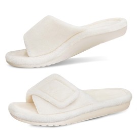 GRITHEIM Women's Orthotic Arch Support Slippers Fuzzy Adjustable Orthopedic Slippers for Plantar Fasciitis Furry Slide for Ladies Ivory 9