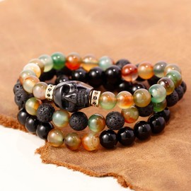 Xfoxstal Wrap Agate Stretch Beaded Bracelets Protection Obsidian Small Skull Lava Stone Bracelet for Women Essential Oil Diffusers Jewelry Meditation Gifts 8mm