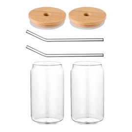Hemoton Mason Jars Espresso Cups 2 sets clear cups with wood lid iced coffee cups with glasses drinking jar cocktail cup clear water glasses for juice smoothie coffee wine Mason Jars Espresso Cups