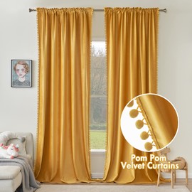 MIULEE Mustard Yellow Pom Pom Velvet Curtains for Fall Bedroom/Living Room Darkening Thermal Insulating 96 Inches Long Blackout Curtains with Rod Pocket for Kid Room/Nursery/Home Theater Set of 2