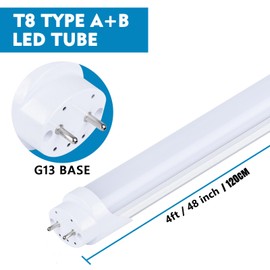 12 Pack, 4FT LED T8 Type A+B Tube Lights, 30W(80W Equivalent), 4000LM, 6000K, Frosted Cover, Single or Double End Powered, Ballast Bypass, 4 Foot T10 T12 Fluorescent Bulbs Replacement