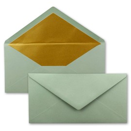 50 envelopes DIN long - Eucalyptus (green) with gold metallic inner lining - 110 x 220 mm - wet glue - festive envelopes for Christmas