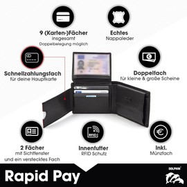 Dolphin® Men's Leather Wallet "Rapid Pay" - Wallet with Contactless Quick Payment Function in 3 Sizes - Portrait and Landscape Format - Wallet with RFID Protection, black, Modern