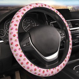 Cute Pink Strawberry Pretty Fruit Steering Wheel Cover for Women Men Girls Car Accessories Decor Anti-Slip Neoprene Auto Steering Wheel Covers Protector Universal 15 Inch