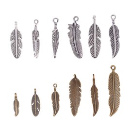 PandaHall 72pcs 12 Art Feather Pendants Charming Beads for DIY Dream Catcher Necklace Bracelet Jewellery Making Antique Silver Bronze, Metal