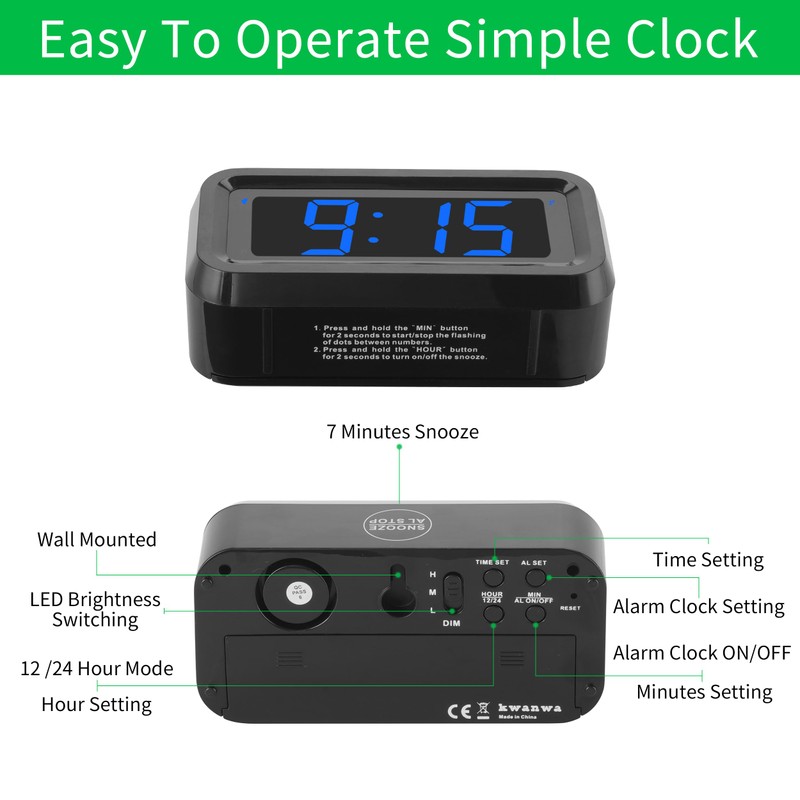 KWANWA Small Digital Alarm Clock, 1.2inch Dark Blue LED Digits,