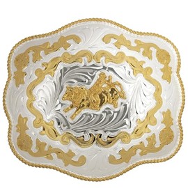 Bull Rider German Silver Belt Buckle with Scroll Pattern - Oversize