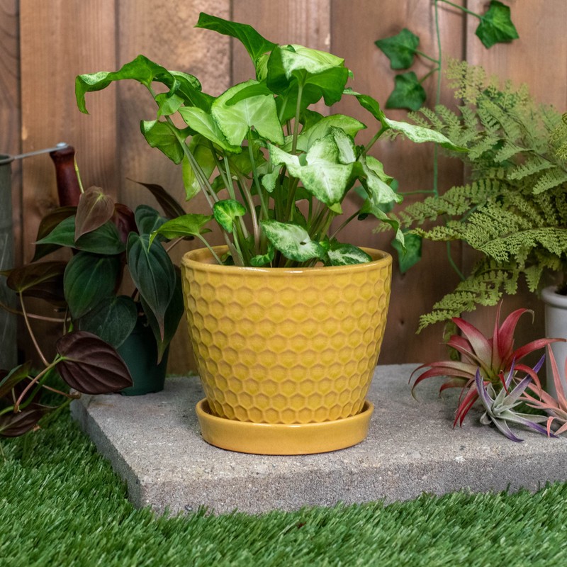 Napco Honeycomb Embossed Ceramic Pot for Indoor Plants Planter with