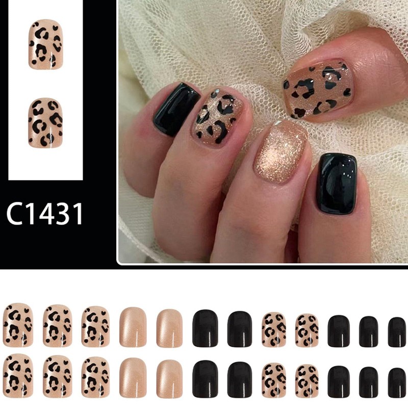 Fall Press on Nails Short Square Fake Nails with Leopard