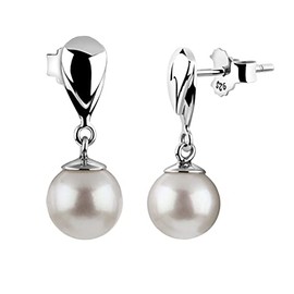 Nenalina Silver Women's Earrings Stud Earrings with Shell Pearls 8 mm, 925 Sterling Silver, Long Earrings for Women, Wedding Earrings, 722159-046, Sterling Silver, Pearl