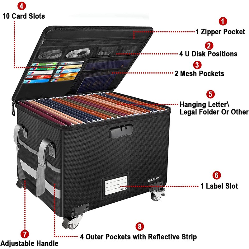 ENGPOW File Box with Wheels, Fireproof Document Box with Lock,Collapsible