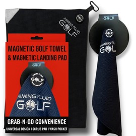 Magnetic Golf Towel & Magnetic Landing Pad – Premium Microfiber Waffle Weave I Scrub Pad I Wash Pocket I Golf Gift I Cart Carry and Tour Bag (Magnetic Landing Pad & 16" x 24" Golf Towel Black)