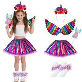 WBZOTSS Girls Unicorn Princess Dress Up Set, 5 Pieces, Tutu Skirt with Wings, Wand, Headband, Socks (Color B, 5-8 years old)