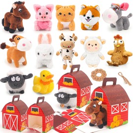 HAPGFS 12 Pcs Mini Plush Farm Animals, Adopt A Pet Farm Party Favors Goodie Bags, Animals Bulk Gift Toys with Carton Farm House for Birthday Party Supplies