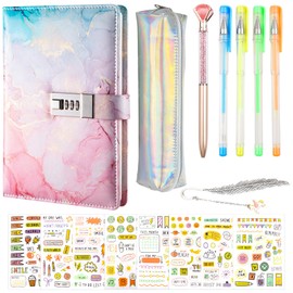 DXiongW Tagebuch mit Schloss A5 PU Leder Notizbuch mit Code Geschenke für Mädchen 6-15 jahre Geheimtagebuch mit Passwortschloss und Stift Schulsachen für Teenager Kinder Persönliches Journal Bastelset