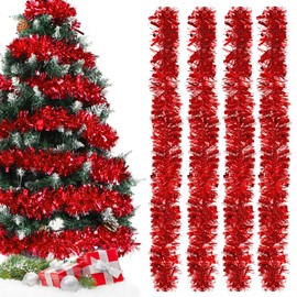 Tinsel Garland Christmas Red, Metallic Garland, Christmas Tree, Pack of 4 Shiny Christmas Garland, Christmas Tree Decoration Garland, Tinsel Garland, Festive Tinsel Decoration