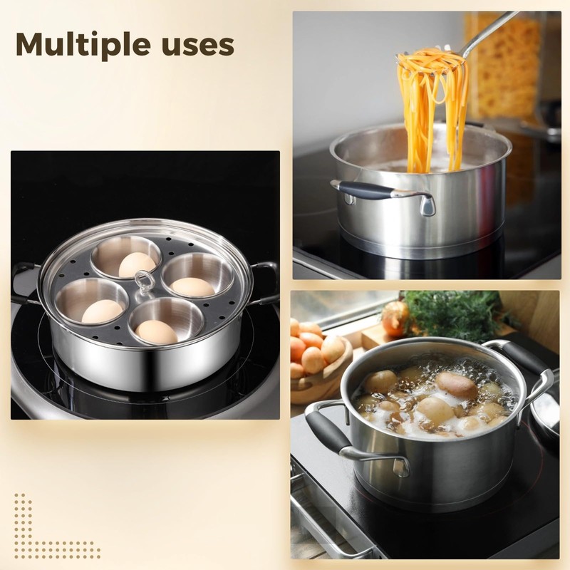 8Inch Stainless Steel Egg Poacher Pan, 4 Egg Poaching Cups