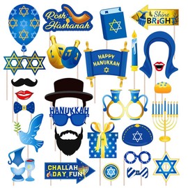 LOONELO Happy Hanukkah Photo Booth Props, 28pcs Chanukah Festival Party Decorations, Hanukkah Photo Booth Props Party Favors for Jewish Holiday Celebration Festival Party Decoration Supplies (HK01)