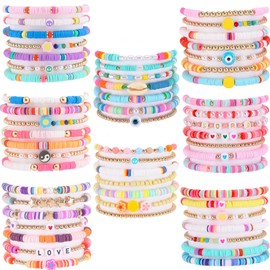 WAINIS 56 Pcs Surfer Heishi Clay Bead Bracelets for Women Bohemian Stackable Beaded Stretch Bracelets Elastic Layering Friendship Bracelets Set Boho Jewelry Singer Music Inspired Album Bracelets