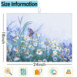 Large Dish Drying Mat for Kitchen Counter,18"X24" Colorful Daisy Flowers Purple Butterfly Absorbent Reversible Microfiber Dish Drying Mat Dish Drainer Mat,Drying Pad for Kitchen Countertop Coffee Bar