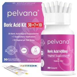 Pelvana Boric Acid Suppositories for Women 30 + 7 Applicators + 10 pH Test Strips = 47 Piece Kit for Vaginal Odor - Third-Party Lab Tested & Made in The USA