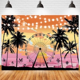 Summer Seaside Ferris Wheel Photography Backdrop Hawaiian Seaside Sunset Palm Tree Silhouette Tropical Beach Photo Background Baby Shower Tropical Wedding Birthday Party Banner (6X4FT)