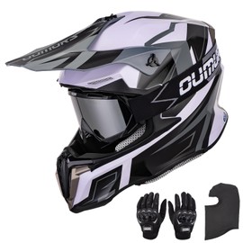 OUMURS Adult ATV Dirt Bike Helmet with Gloves & Mask Adjustable Sun Visor Motorcycle Adult Helmet Off-Road Motocross Downhill Moped MX for Unisex-Adult - White-Gray, M