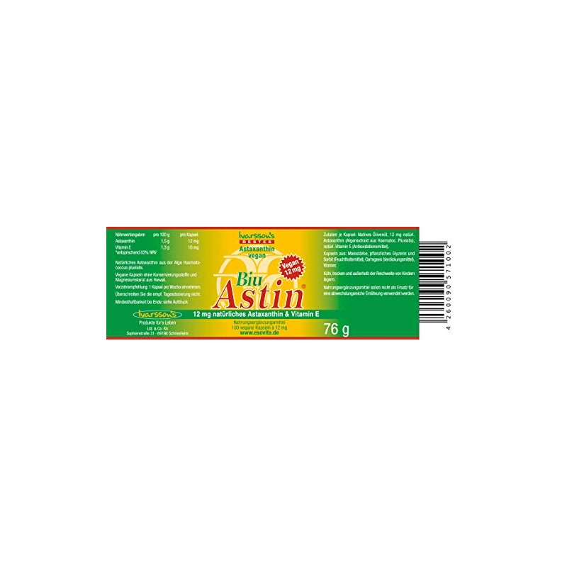 Astaxanthin I 100 Capsules Vegan I Ivarssons BiuAstin I 12
