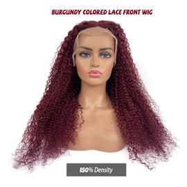 Burgundy Colored Curly Wave Lace Front Wigs Human Hair for Black Women, 13x5x1 T-Part Lace Frontal Wigs Dark Red Wine Long Wave Human Hair Wigs Pre-Plucked Hairline Bleached Knots 20 Inch 150 Density
