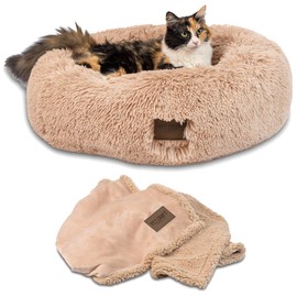 Pet Craft Supply Ultra Plush Calming Anti-Anxiety Pet Bed - Includes Super Soft Comfort Blanket - Great Medium Dog Bed Small Dog and Cat Bed;Cream