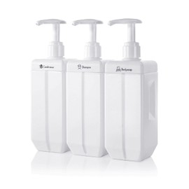 JBM Shampoo Bottle, Dispenser, Refill Bottle, Wide Mouth, Large Capacity, Stylish, White, 22.9 fl oz (650 ml), Set of 3, Includes Anti-Slip Mat
